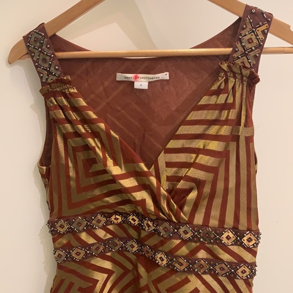 Diane von Furstenberg Brown Beaded Print Night Out Dress - Picture 4 of 11